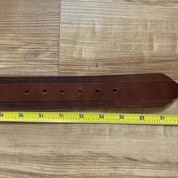 VTG Mens 34 Brown Tooled Leather Western Cowboy Belt Adjustable Gold Buckle Work - Picture 9 of 15